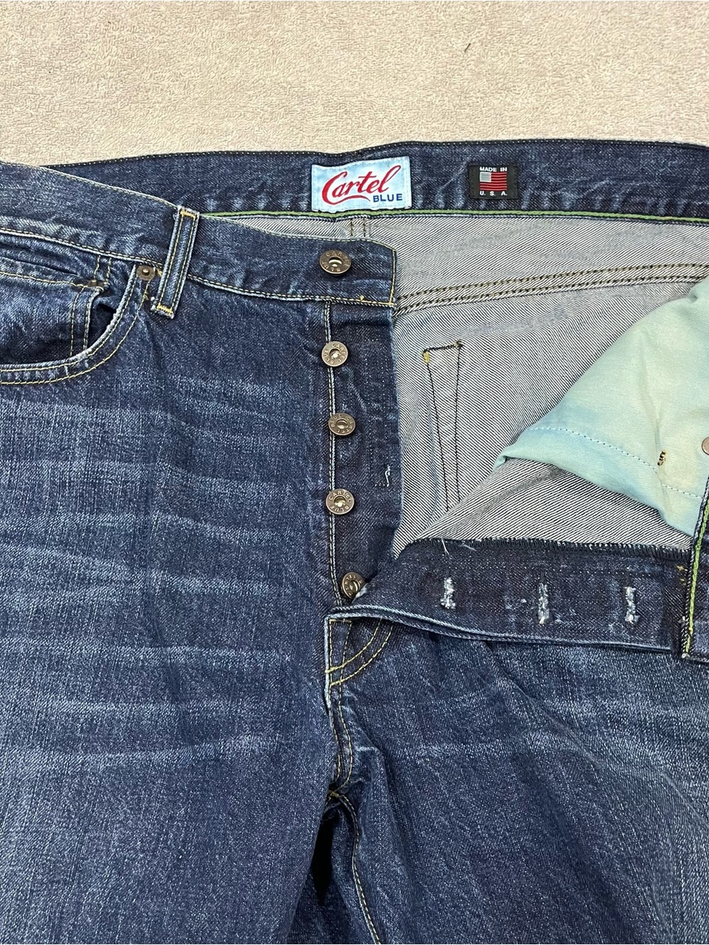 Cartel Blue Inc Mens 36X34 Denim Dark Blue Patriot Button Fly Jeans Made In USA